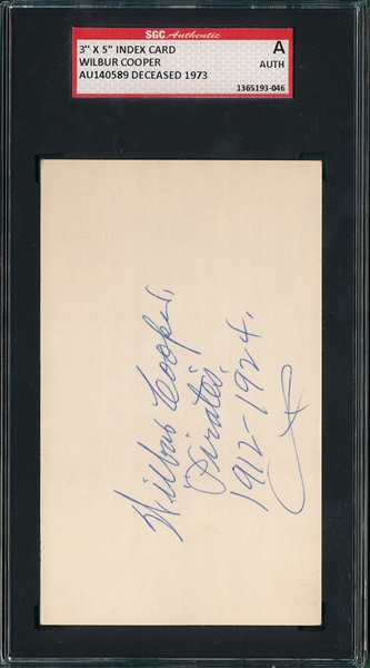 Autographed 3X5 Card, Wilbur Cooper, Signed SGC Authentic 