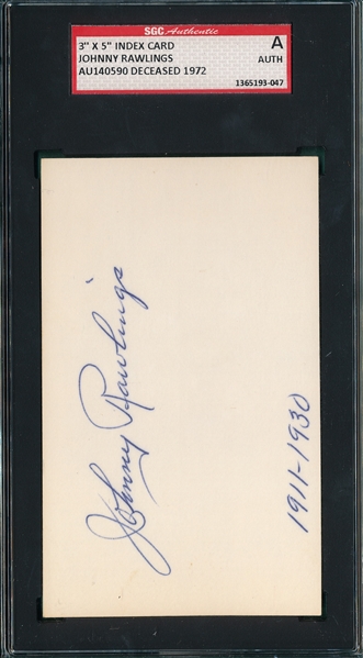 Autographed 3X5 Card, Johnny Rawlings, Signed SGC Authentic 