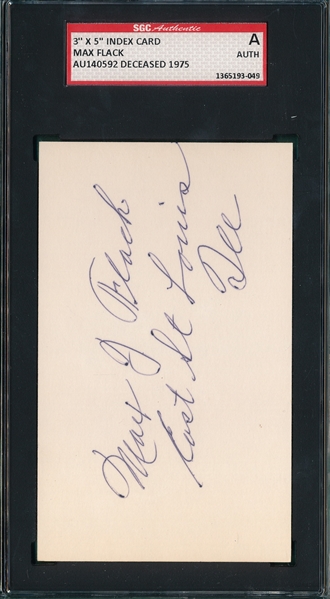 Autographed 3X5 Card, Max Flack, Signed SGC Authentic 