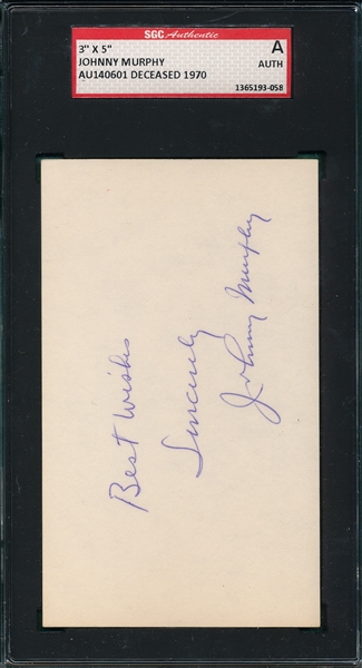 Autographed 3X5 Card, Johnny Murphy, Signed SGC Authentic 