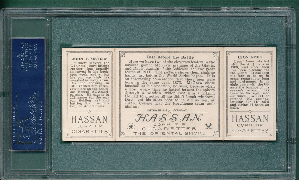 1912 T202 Just Before the Battle, Ames/Meyers, Hassan Cigarettes PSA 5.5