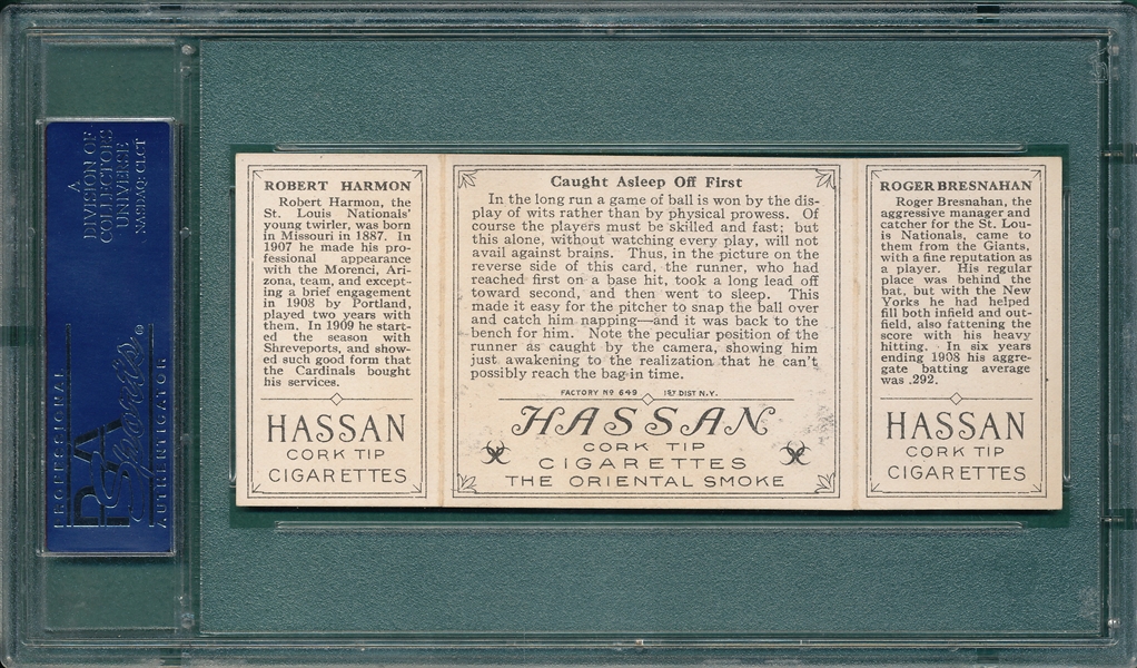 1912 T202 Caught Asleep Off First, Bresnahan/Harmon, Hassan Cigarettes PSA 7 (OC)