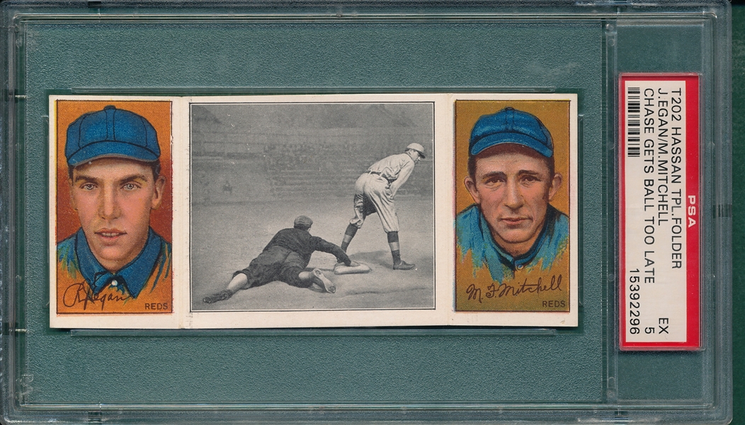 1912 T202 Chase Gets Ball Too Late, Egan/Mitchell, Hassan Cigarettes PSA 5