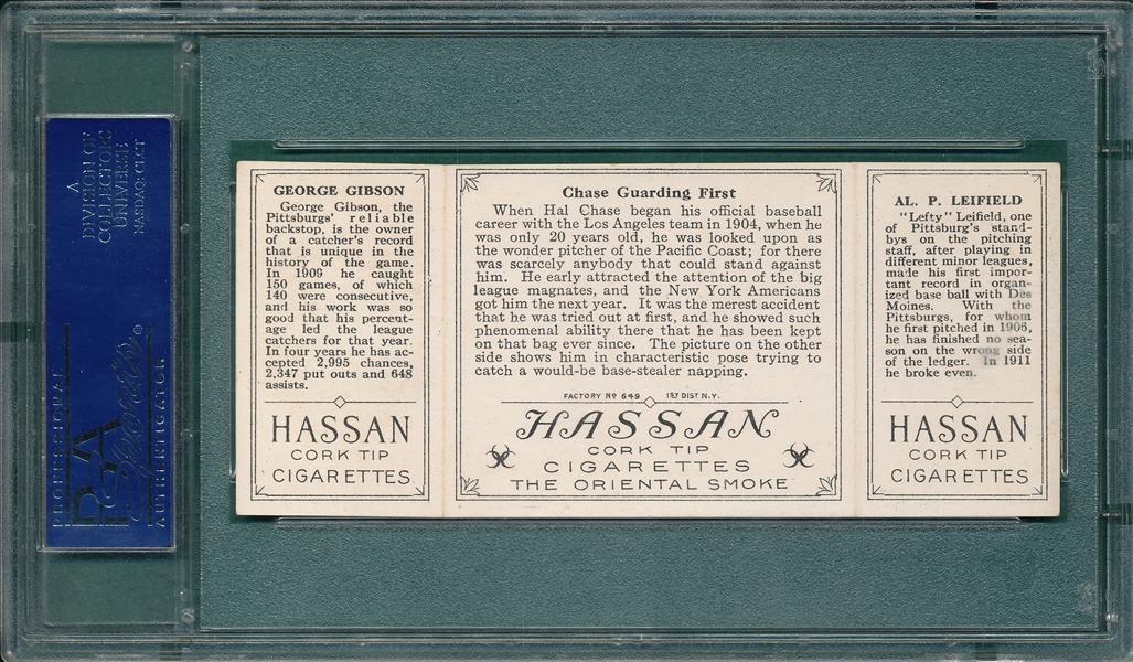 1912 T202 Chase Guarding First, Leifeld/Gibson, Hassan Cigarettes PSA 5