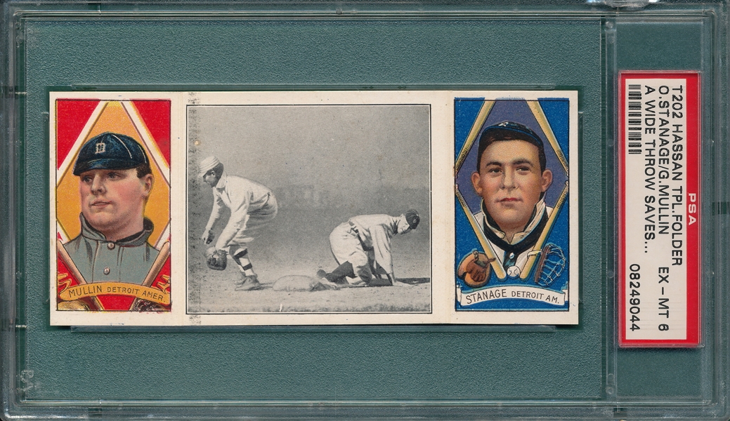 1912 T202 A Wide Throw Saves Crawford, Mullin/Stanage, Hassan Cigarettes PSA 6