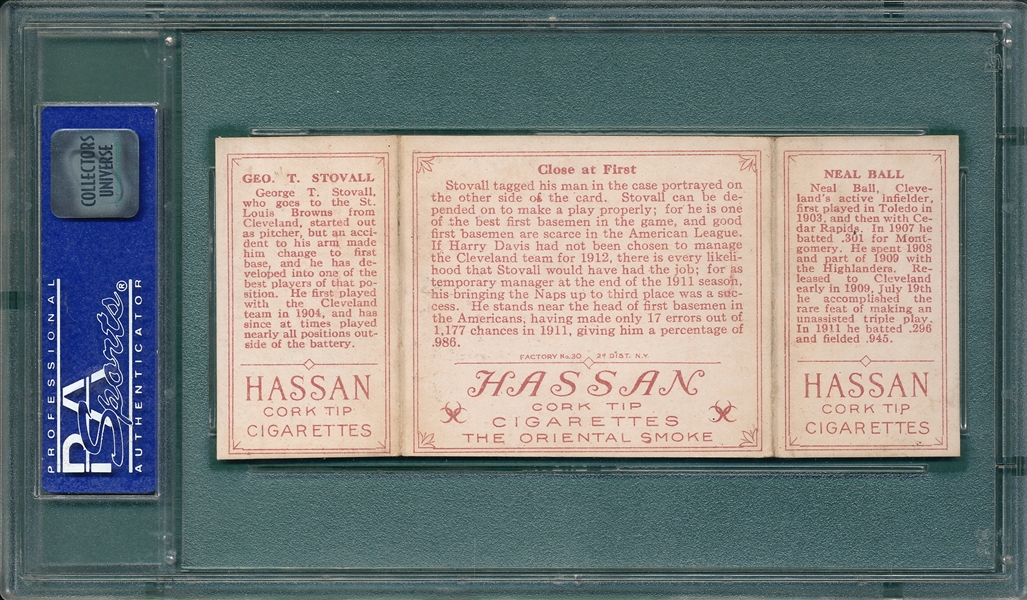 1912 T202 Close at First, Ball/Stovall, Hassan Cigarettes PSA 6