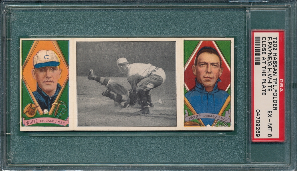 1912 T202 Close at the Plate, White/Payne, Hassan Cigarettes PSA 6
