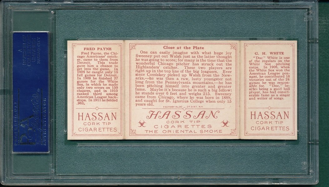 1912 T202 Close at the Plate, White/Payne, Hassan Cigarettes PSA 6