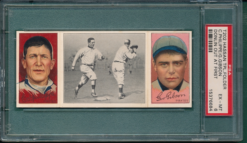 1912 T202 Donlin Out at First, Phillippe/Gibson, Hassan Cigarettes PSA 6
