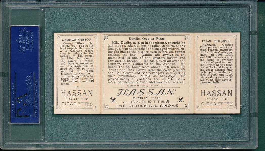 1912 T202 Donlin Out at First, Phillippe/Gibson, Hassan Cigarettes PSA 6