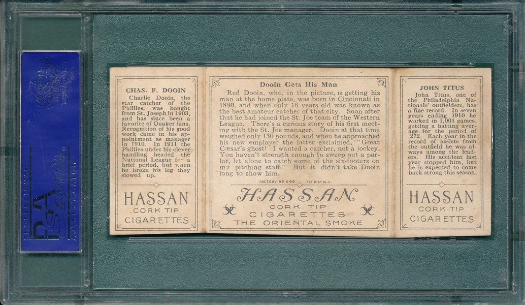 1912 T202 Dooin Gets His Man, Titus/Dooin, Hassan Cigarettes PSA 6