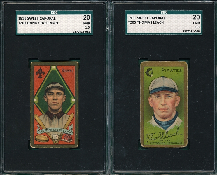 1911 T205 Leach & Hoffman (2) Card Lot, Sweet Caporal Cigarettes SGC 20  *Green Border* *Wet Sheet Transfer*