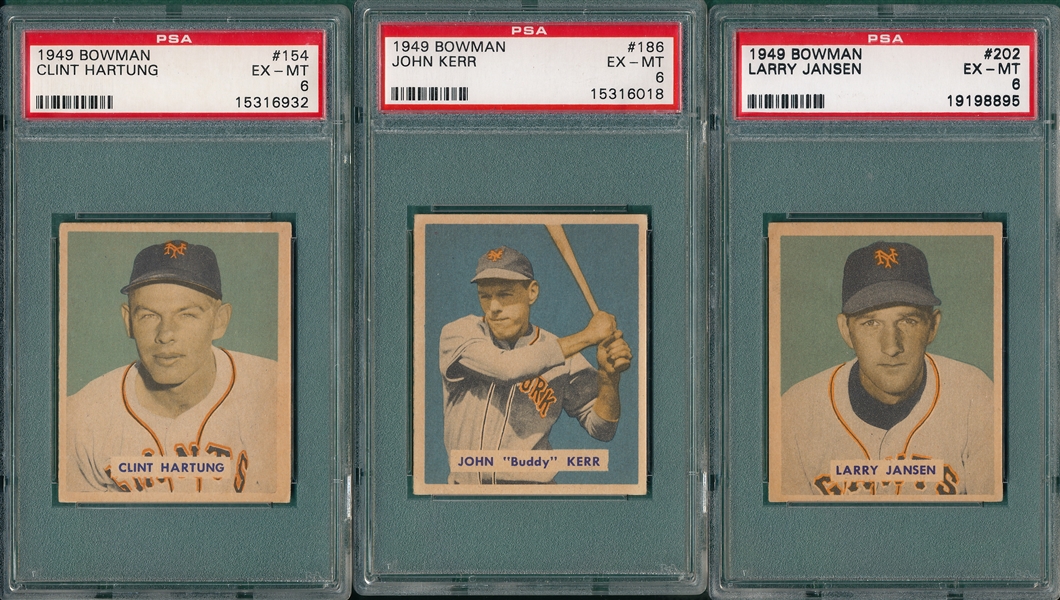 1949 Bowman #154, #186, & #202, New York Giants (3) Card Lot PSA 6  *High #*