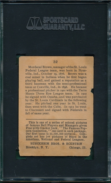 1914 Cracker Jack #32 Mordecai Brown SGC 10 *Federal League*
