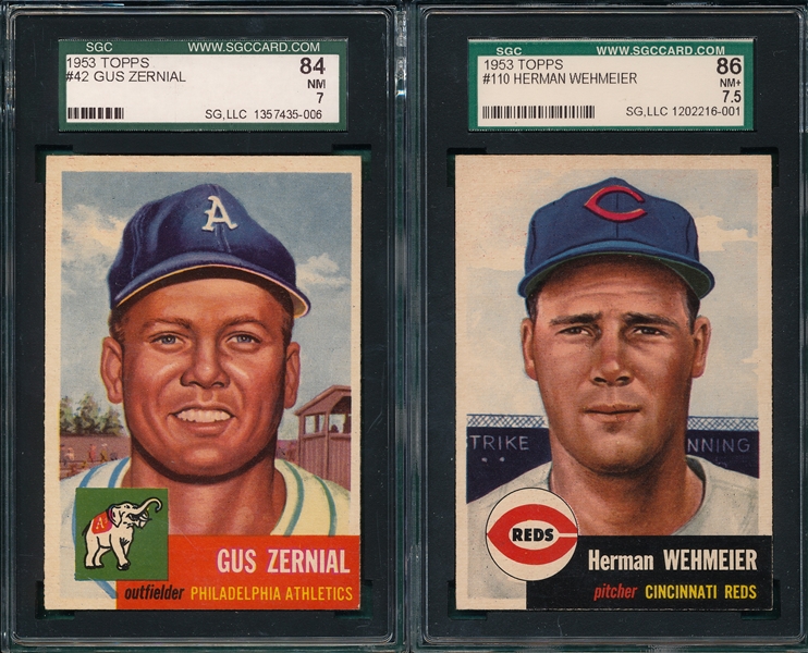 1953 Topps #42 Gus Zernial SGC 84 & #110 Wehmeier SGC 86 (2) Card Lot