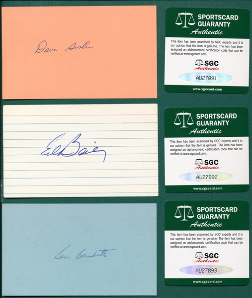 Lot of (6) Autographed Baseball Players, 3 X 5 Cards  SGC Authentic W/ Sisler