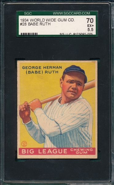 1934 World Wide Gum #28 Babe Ruth SGC 70