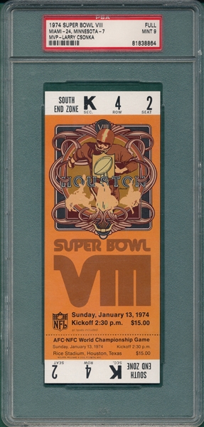 1974 Super Bowl VIII Full Ticket PSA 9