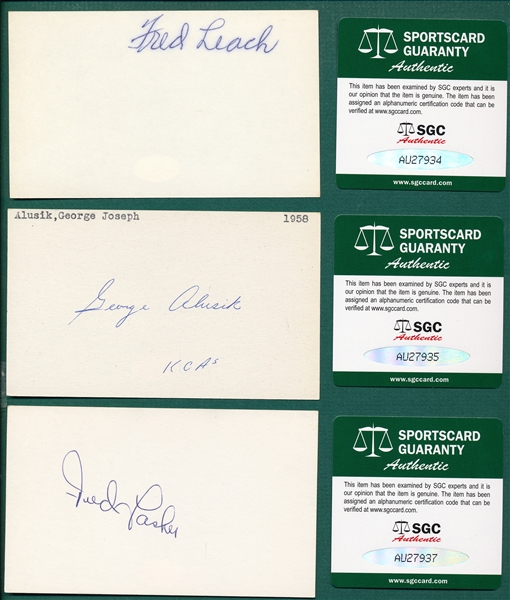Lot of (6) Autographed Baseball Players, 3 X 5 Cards  SGC Authentic W/ Leach