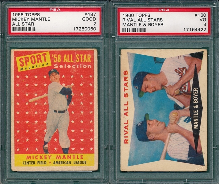 1958 Topps ##487 Mantle AS PSA 2 & 1960 #160 Rival All Stars W/ Mantle (2) Card Lot PSA 3