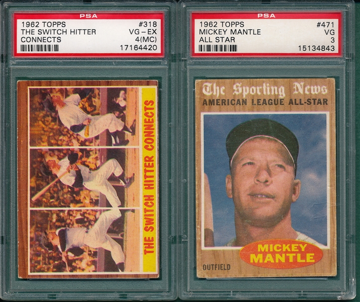 1962 Topps #318 Switch Hitter & #471 Mantle AS (2) Card Lot PSA