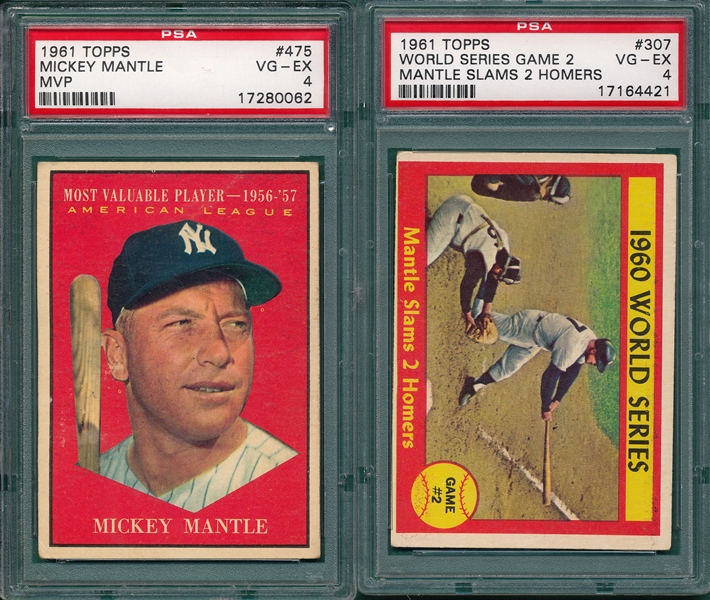 1961 Topps #307 WS Game 2 W/ Mantle & #475 Mantle MVP, (2) Card Lot PSA 4