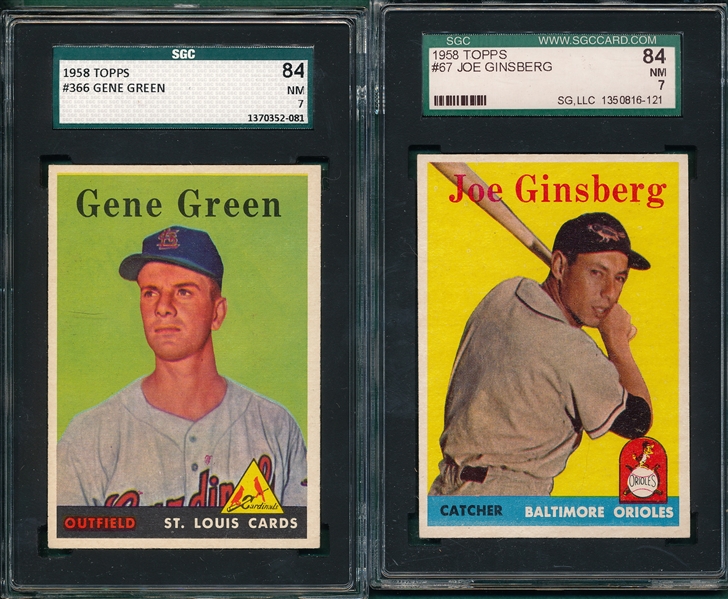 1958 Topps #366 Green & #67 Ginsberg (2) Card Lot SGC 84