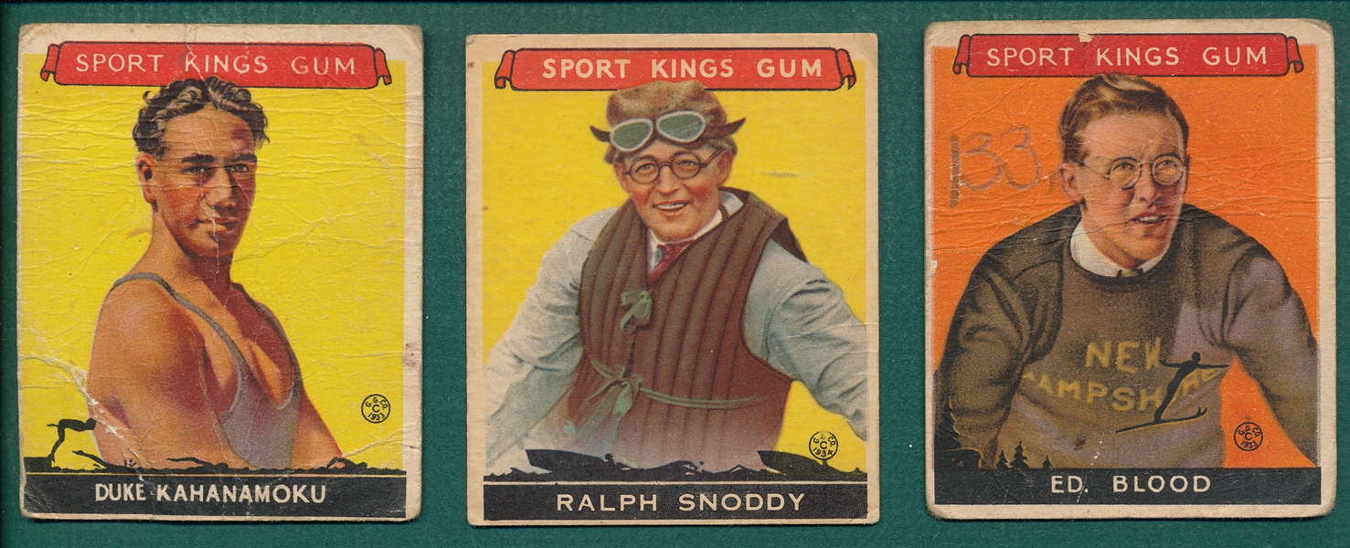 1933 Sports Kings #9 Blood, #20 Kahanamoku & #25 Snoody (3) Card Lot