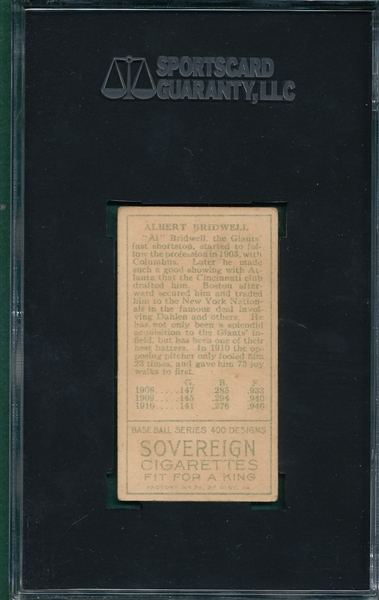 1911 T205 Bridwell Sovereign Cigarettes SGC 60