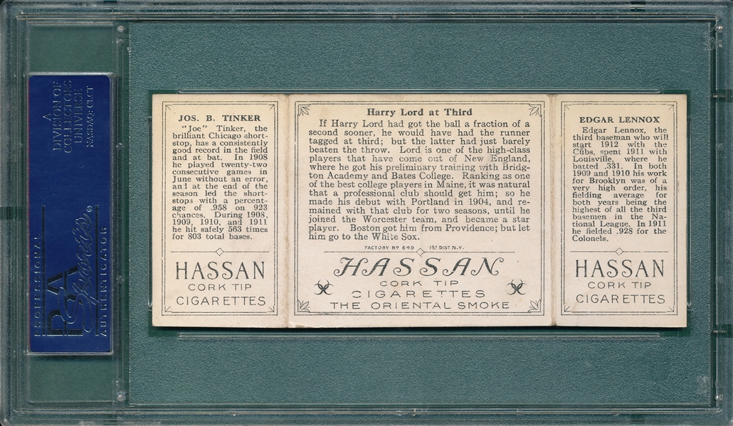 1912 T202 Harry Lord at Third, Lennox/Tinker, Hassan Cigarettes PSA 4