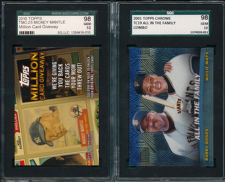 2001 Topps Chrome TC19 All in the Family, Bonds/Mays & 2010 Topps TMC-25 Mantle, Giveaway (2) Card Lot SGC 98 *Gem Mint*