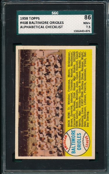 1958 Topps #408 Baltimore Orioles, Alphabetical SGC 86