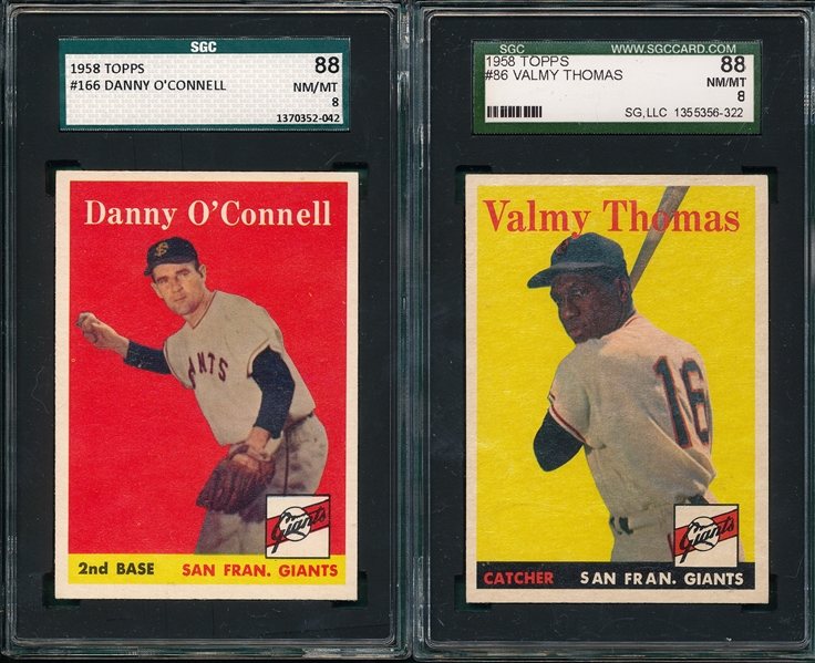 1958 Topps #166 O'Connell & #86 Thomas (2) Card Lot SGC 88