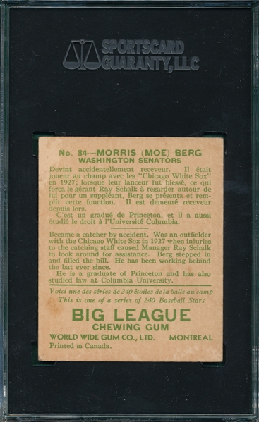 1933 World Wide Gum #84 Moe Berg SGC 20