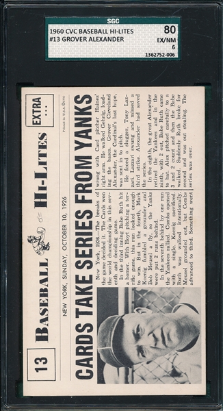 1960 CVC Baseball Hi-Lites #13 Grover Alexander SGC 80