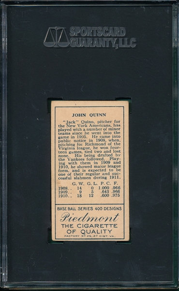1911 T205 Quinn Piedmont Cigarettes SGC 60