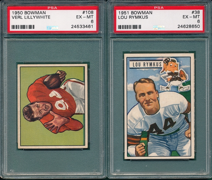 1950 Bowman FB #108 Lillywhite & 1951 Bowman FB#38 Rymkus (2) Card Lot PSA 6