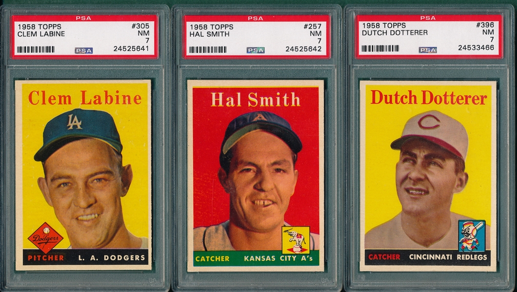 1958 Topps #257, #305 & #396, (3) Card Lot PSA 7