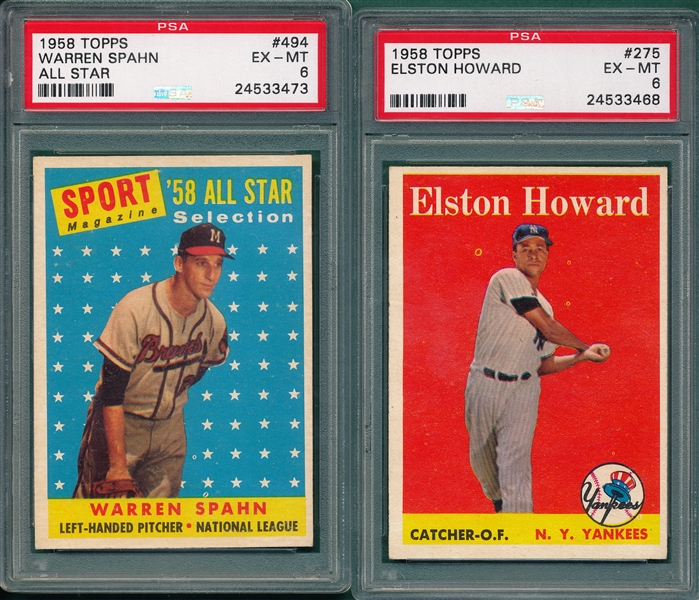 1958 Topps (6) Card Lot W/ Spahn AS, PSA 