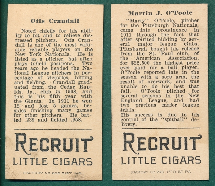 1912 T207 Crandall & O'Toole (2) Card Lot Recruit Little Cigars 