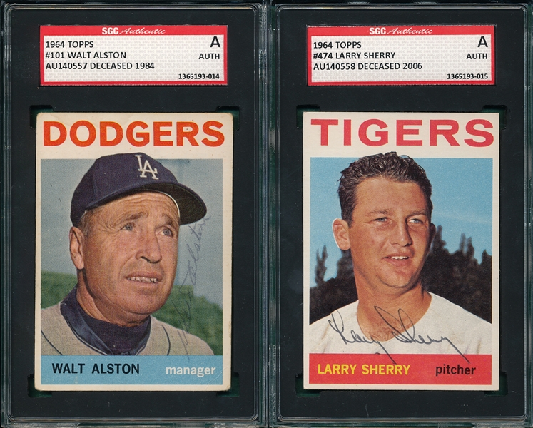 1964 Topps Autographed Walt Alston & Larry Sherry, Signed (2) Card Lot SGC Authentic 