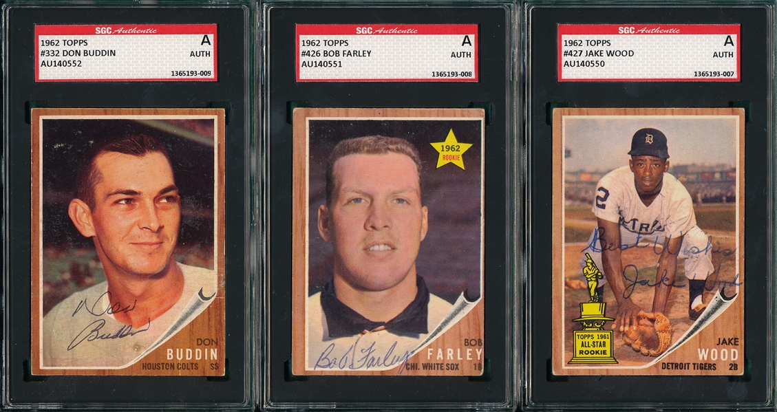 1962 Topps Autographed Buddin, Farley & Wood, Signed (3) Card Lot SGC Authentic 