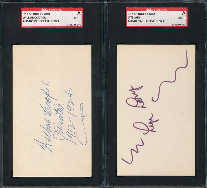 Autographed 3X5 Card, Wilbur Cooper & Lyn Lary, Lot of (2) Signed, SGC Authentic 