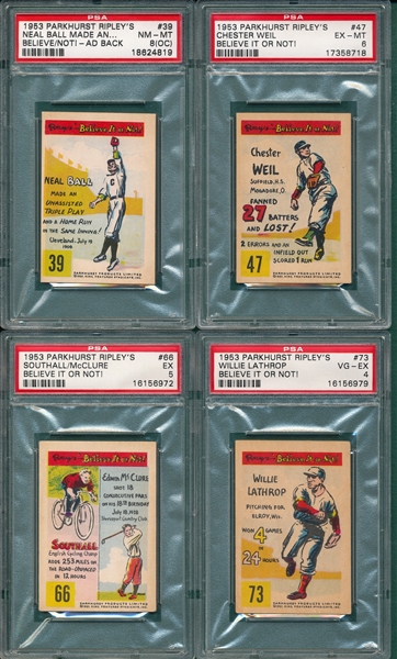 1953 Parkhurst Ripley's Believe it or Not (4) Card Lot W/ Baseball Players PSA