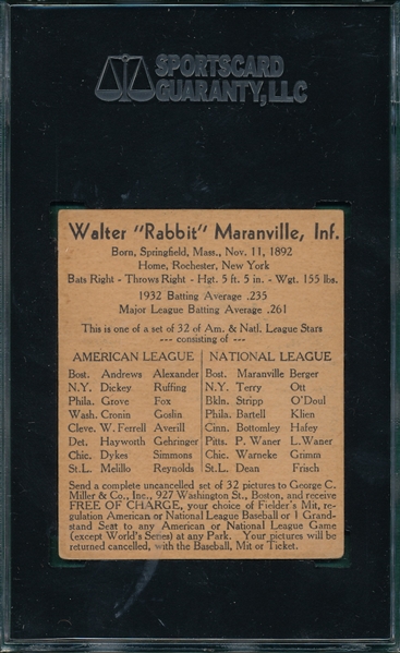 1933 George C. Miller Rabbit Maranville SGC 40