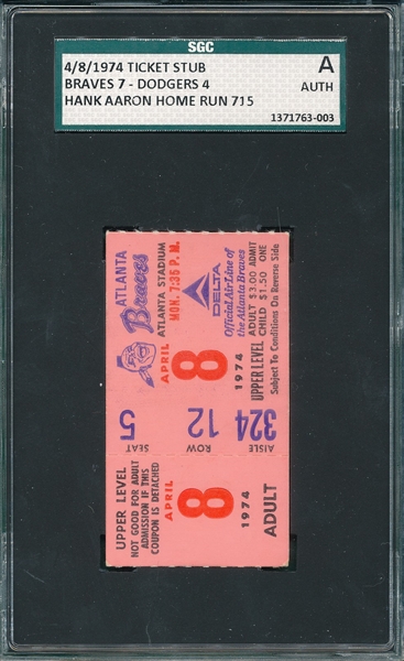 4/8/74 Ticket Stub, Aaron 715th HR Game SGC Authentic