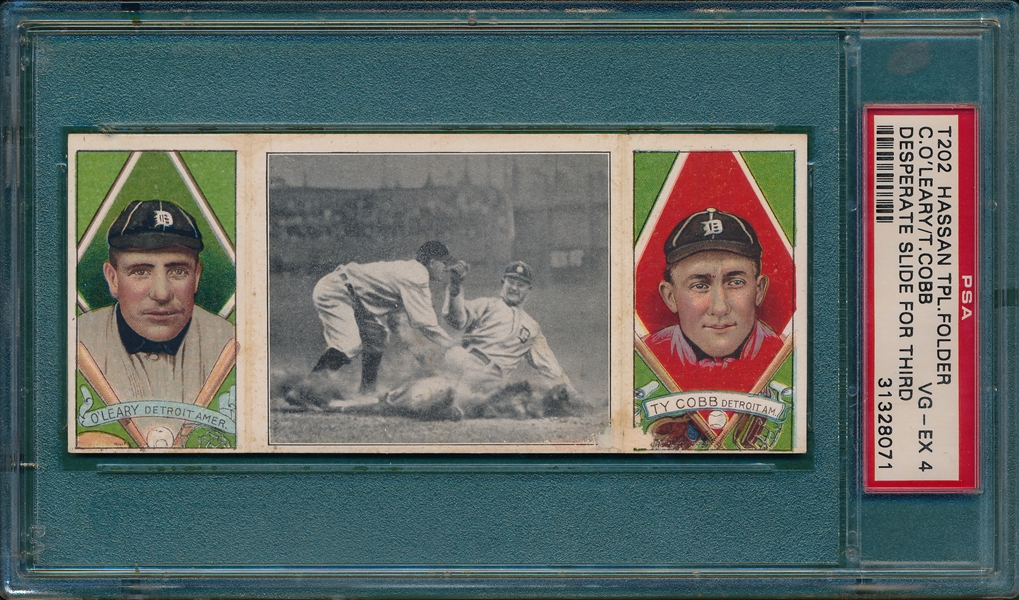 1912 T202 A Desperate Slide For Third O'Leary/ Ty Cobb Hassan Cigarettes PSA 4