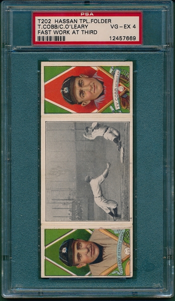 1912 T202 Fast Work at Third, O'Leary/ Ty Cobb, Hassan Cigarettes Triple Folder PSA 4