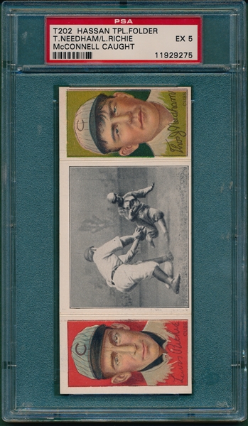 1912 T202 McConnell Caught, Richie/Needham Hassan Cigarettes Triple Folder PSA 5