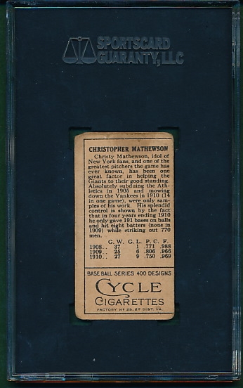 1911 T205 Christy Mathewson Cycle Cigarettes SGC 20 *37-1 Variation*